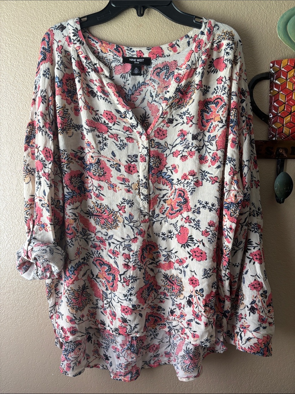 Nine West Floral Button-Front Henley Top - Cream, Pink & Navy